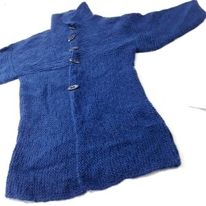 Hand Knit Thick Wool Long Sweater Cozy Blue Button-Up Cardigan Long-Sleeve Mediu